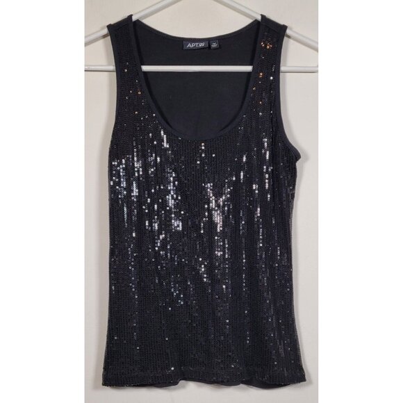 Apt 9 Shirt Women Petite Medium Black Tank Flashy Sequin Scoop Neck - Picture 1 of 6